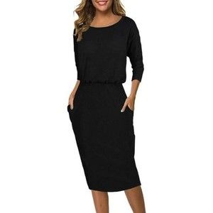 NEW WITH TAGS Moyabo Dress Black Boat Neck Cinch Waist 3/4 Sleeve Pockets Sz XL